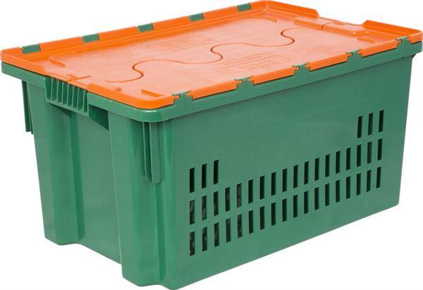 Ящик п/э 600х400х300 дно спл. стенки перф., зеленый с оранжевой крышкой Safe PRO